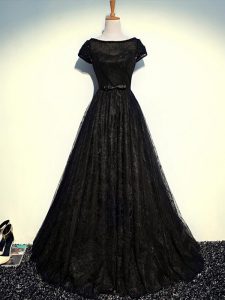 Shining Black Mother of Groom Dress Prom and Party and Sweet 16 and Beach with Beading and Lace and Belt Scoop Short Sle