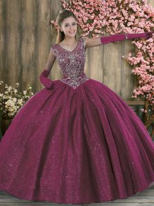 Pretty Fuchsia Sleeveless Beading Floor Length Sweet 16 Dress