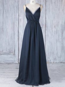 Navy Blue Spaghetti Straps Backless Ruching Quinceanera Court of Honor Dress Sleeveless