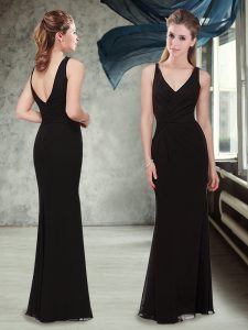 Floor Length Black Bridesmaid Dresses Tulle Sleeveless Ruching