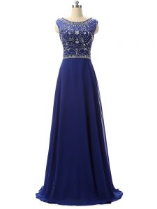 Scoop Sleeveless Dress for Prom Floor Length Beading Royal Blue Chiffon