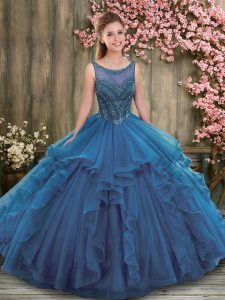Teal Quinceanera Dresses Military Ball and Sweet 16 and Quinceanera with Beading and Ruffles Scoop Sleeveless Lace Up