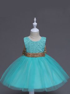 Fashionable Knee Length Zipper Little Girls Pageant Dress Aqua Blue for Wedding Party with Lace and Bowknot
