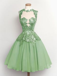 A-line Wedding Guest Dresses Green High-neck Chiffon Sleeveless Knee Length Lace Up