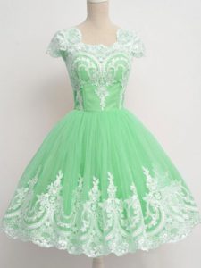 Fabulous Apple Green Tulle Zipper Wedding Guest Dresses Cap Sleeves Knee Length Lace