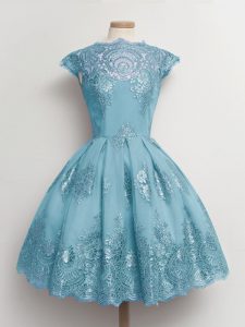 Classical Aqua Blue A-line Lace Dama Dress for Quinceanera Lace Up Tulle Cap Sleeves Knee Length