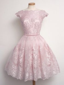 New Style Baby Pink A-line Lace Scalloped Cap Sleeves Lace Knee Length Lace Up Wedding Party Dress