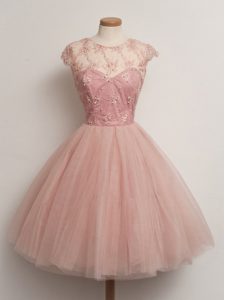 Scoop Cap Sleeves Lace Up Court Dresses for Sweet 16 Peach Tulle