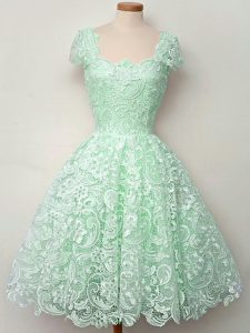 Shining Apple Green Cap Sleeves Knee Length Lace Lace Up Dama Dress for Quinceanera