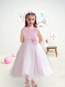 Popular Pink A-line Tulle Scoop Sleeveless Hand Made Flower Ankle Length Lace Up Toddler Flower Girl Dress