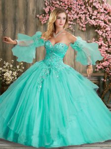 Turquoise Ball Gowns Organza Sweetheart Sleeveless Beading Floor Length Lace Up Sweet 16 Quinceanera Dress