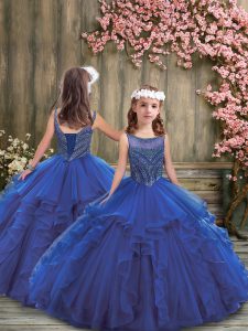 Royal Blue Ball Gowns Scoop Sleeveless Organza Floor Length Lace Up Beading and Ruffles Child Pageant Dress