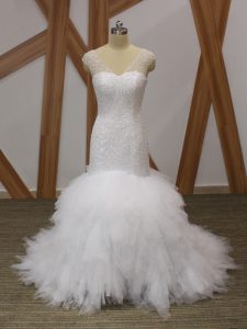 Sleeveless Beading and Ruffles Lace Up Wedding Gown with White Brush Train