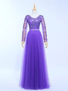 Custom Design Long Sleeves Tulle Floor Length Lace Up Formal Evening Gowns in Lavender with Lace and Appliques