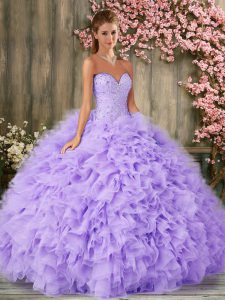 Lovely Beading and Ruffles Quinceanera Gowns Lavender Lace Up Sleeveless Floor Length
