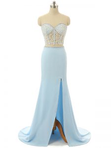 Light Blue Two Pieces Beading Dress for Prom Zipper Elastic Woven Satin Sleeveless