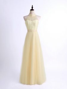 Flirting Floor Length Light Yellow Wedding Guest Dresses Tulle Sleeveless Lace and Appliques