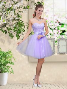 Knee Length Lilac Dama Dress Tulle Sleeveless Lace and Belt