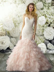 Pink Clasp Handle Sweetheart Lace and Ruffles Bridal Gown Organza Sleeveless Brush Train