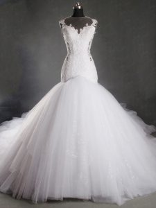 Shining White Tulle Zipper Wedding Dresses Sleeveless Chapel Train Lace