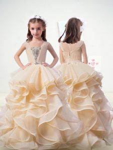 Floor Length Clasp Handle Flower Girl Dress Champagne for Military Ball and Sweet 16 and Quinceanera with Beading and Ru