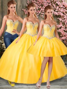 Gold Ball Gowns Beading Sweet 16 Dresses Lace Up Tulle Sleeveless Floor Length