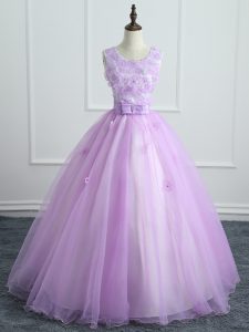 Modest Lavender Quinceanera Gown Military Ball and Sweet 16 and Quinceanera with Lace and Appliques and Bowknot Scoop Sl