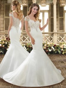 Luxurious White Cap Sleeves Brush Train Beading and Lace Wedding Dress