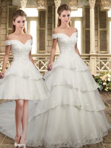 Ideal White Sleeveless Court Train Lace and Appliques Wedding Gown