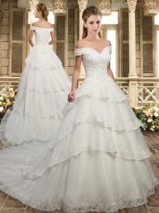 Fabulous White A-line Lace and Appliques and Ruffled Layers Bridal Gown Lace Up Organza Sleeveless