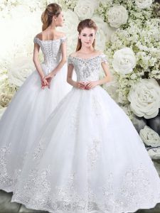 Elegant White Sleeveless Floor Length Lace and Appliques Lace Up Wedding Gowns