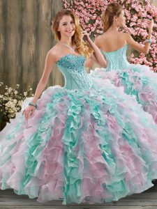 Organza Sweetheart Sleeveless Brush Train Lace Up Beading and Ruffles Quince Ball Gowns in Multi-color