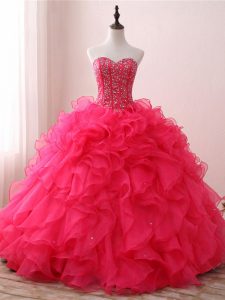 Extravagant Beading and Ruffles Sweet 16 Dresses Hot Pink Lace Up Sleeveless Floor Length