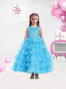 Aqua Blue Sleeveless Beading and Ruffled Layers Tea Length Pageant Gowns For Girls