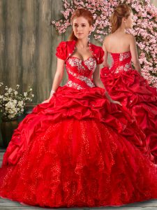 Red Organza and Taffeta Lace Up Sweetheart Sleeveless Floor Length Quinceanera Gown Beading and Ruffles