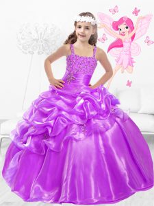 Lilac Organza Side Zipper Straps Sleeveless Floor Length Kids Pageant Dress Beading and Pick Ups