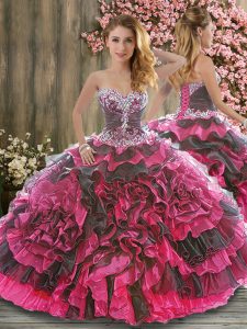On Sale Pink And Black Sweetheart Lace Up Beading and Ruffles Sweet 16 Dress Sleeveless