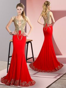 Red Scoop Neckline Beading and Appliques Sleeveless Side Zipper