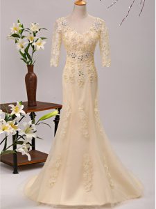 Affordable Champagne V-neck Neckline Beading and Lace and Appliques Mother of the Bride Dress 3 4 Length Sleeve Lace Up
