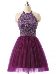 Halter Top Sleeveless Backless Dress for Prom Dark Purple Tulle