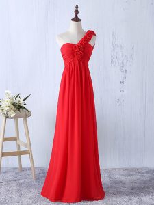 Simple Red Chiffon Lace Up One Shoulder Sleeveless Floor Length Quinceanera Court Dresses Hand Made Flower