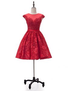 Red Lace Up Homecoming Dress Beading and Appliques Sleeveless Mini Length