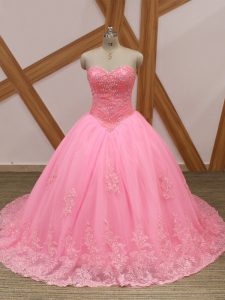 Sleeveless Beading and Lace Lace Up Quinceanera Gowns with Rose Pink Brush Train