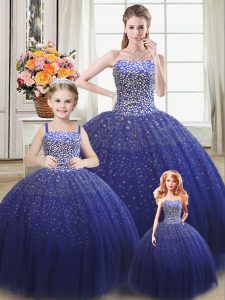 Flare Beading Sweet 16 Dress Royal Blue Lace Up Sleeveless Floor Length