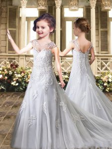 Fantastic Tulle Cap Sleeves Flower Girl Dresses for Less Sweep Train and Lace