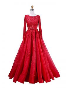 Amazing A-line Long Sleeves Red Prom Gown Brush Train Zipper
