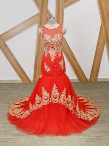 Coral Red Mermaid Tulle Scoop Sleeveless Beading and Lace and Appliques Zipper Evening Dress Brush Train