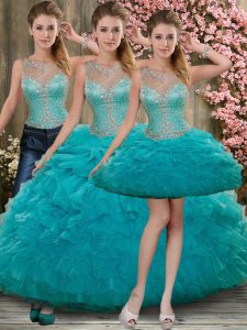 Organza Scoop Sleeveless Zipper Beading and Ruffles Ball Gown Prom Dress in Aqua Blue