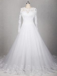 White A-line Lace Wedding Gowns Side Zipper Tulle Long Sleeves