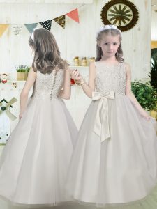 Discount White A-line Tulle Scoop Sleeveless Lace and Bowknot Floor Length Clasp Handle Flower Girl Dresses for Less